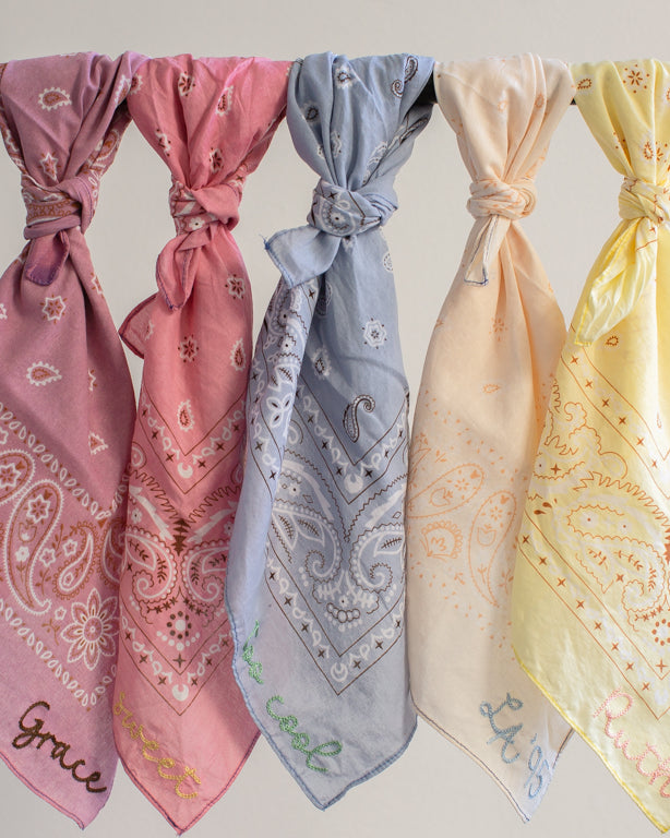 Modern Wedding Accessory Personalized Bandana Custom Name Design Cotton Material Chainstitch Embroidery Beautiful Pastel Colors Perfect Bridesmaid Gift Collection Photo Prop Essential Bridal Party Favor Customizable Text Twenty One Inch