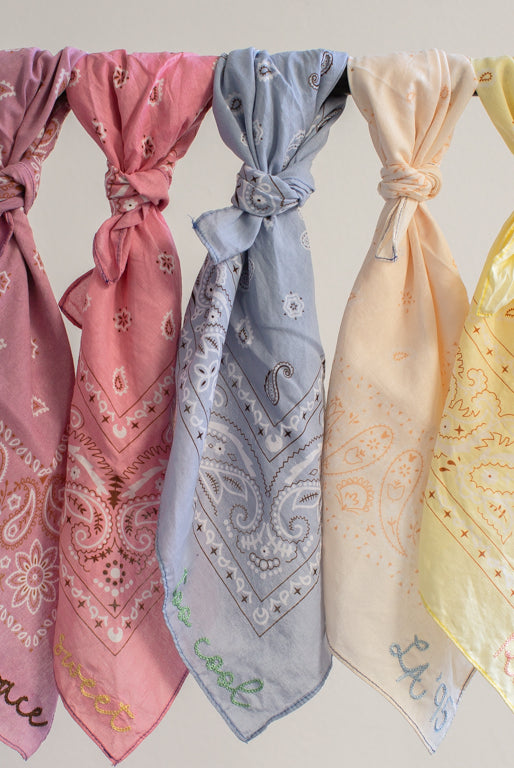 Modern Wedding Accessory Personalized Bandana Custom Name Design Cotton Material Chainstitch Embroidery Beautiful Pastel Colors Perfect Bridesmaid Gift Collection Photo Prop Essential Bridal Party Favor Customizable Text Twenty One Inch