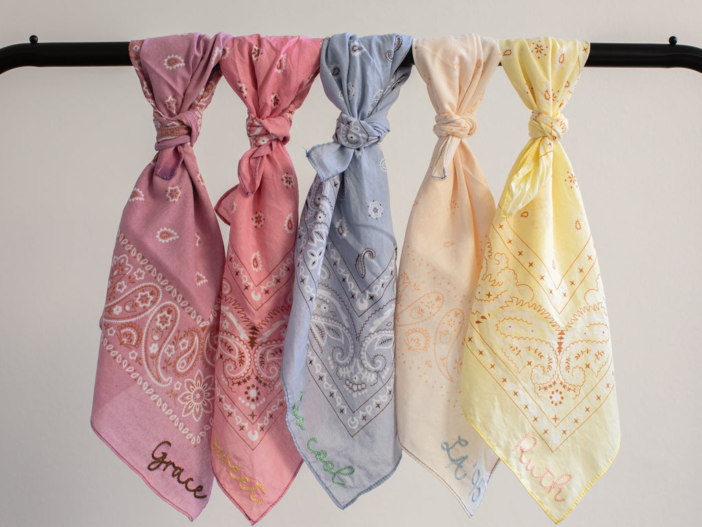 Modern Wedding Accessory Personalized Bandana Custom Name Design Cotton Material Chainstitch Embroidery Beautiful Pastel Colors Perfect Bridesmaid Gift Collection Photo Prop Essential Bridal Party Favor Customizable Text Twenty One Inch