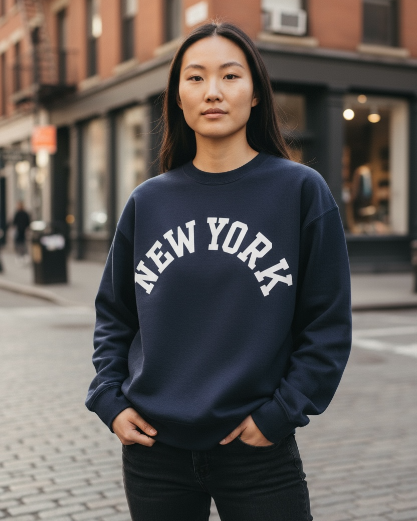 Person wearing a navy blue 'New York' sweatshirt on a city street.