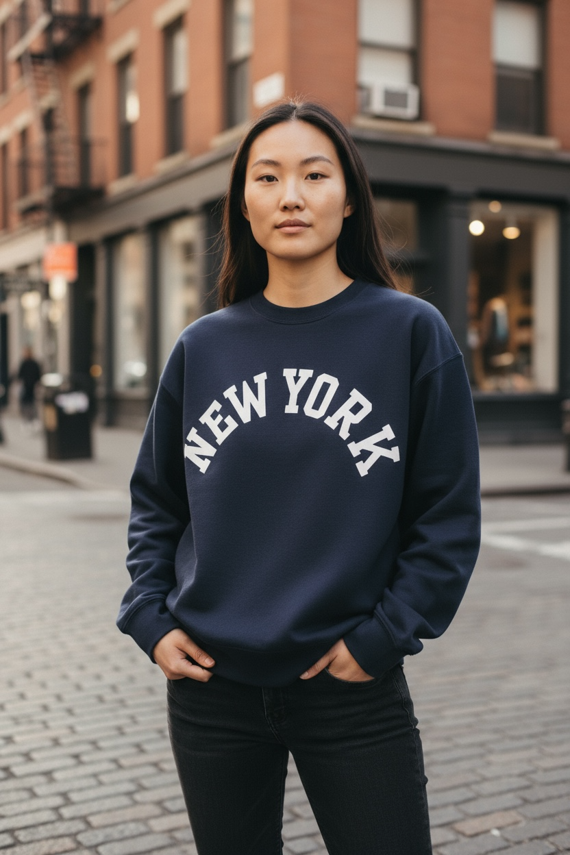 Person wearing a navy blue 'New York' sweatshirt on a city street.