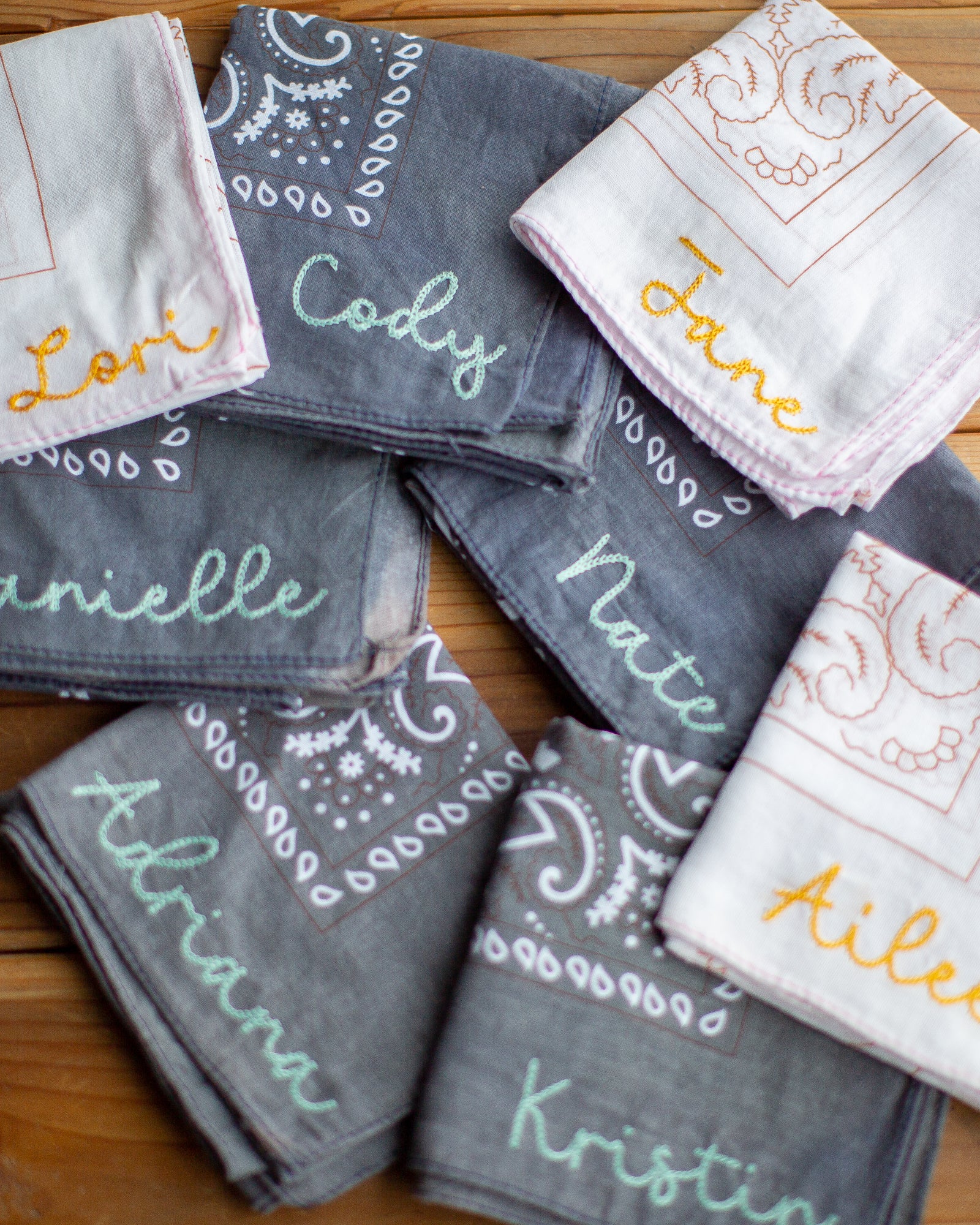 Wedding Photo Prop Bandana Personalized Bridesmaid Gift Cotton Material Custom Name Design Beautiful Pastel Options Perfect Bridal Party Favor Modern Wedding Day Accessory Chainstitch Embroidery Details Customizable Text Twenty One Inch