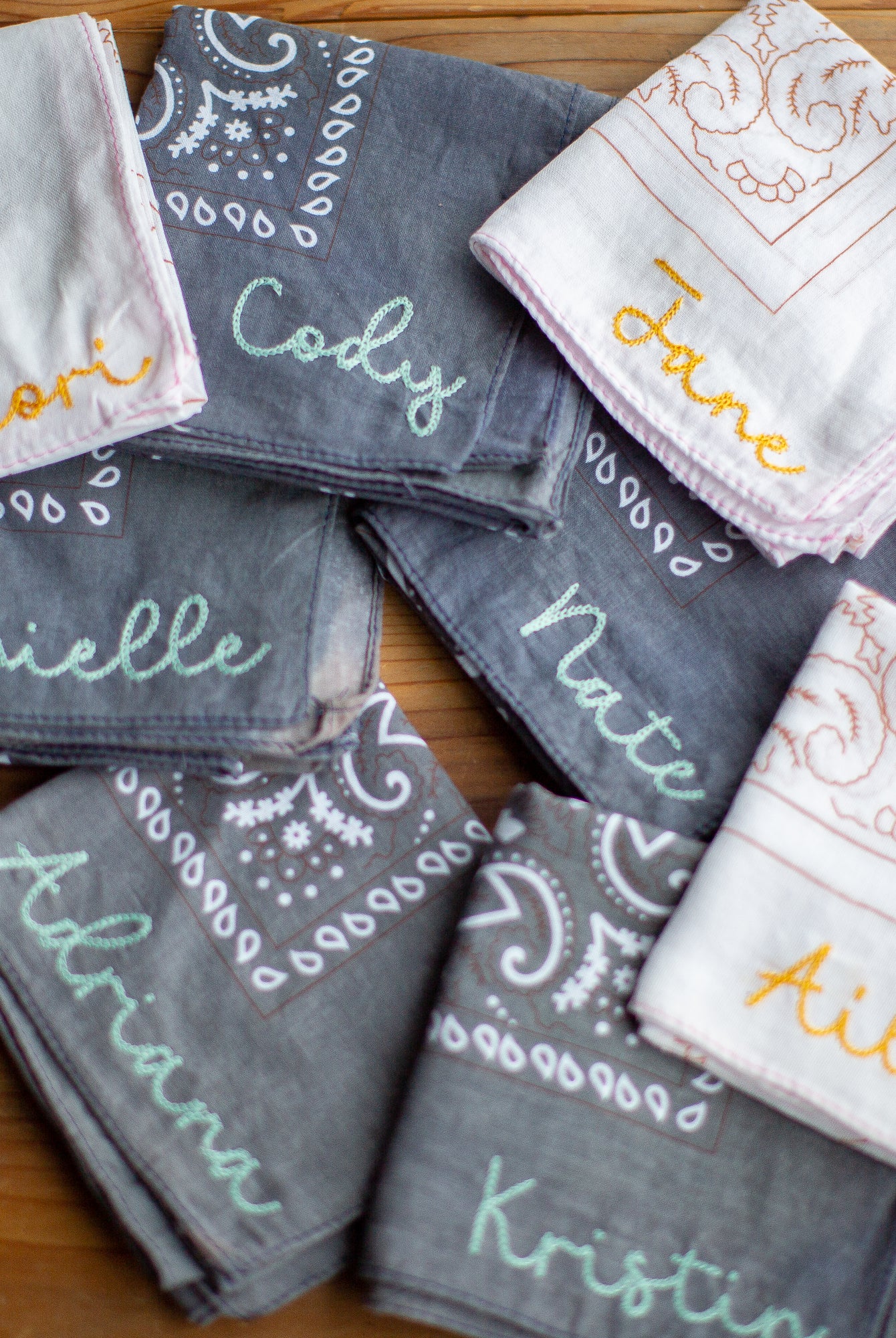 Wedding Photo Prop Bandana Personalized Bridesmaid Gift Cotton Material Custom Name Design Beautiful Pastel Options Perfect Bridal Party Favor Modern Wedding Day Accessory Chainstitch Embroidery Details Customizable Text Twenty One Inch