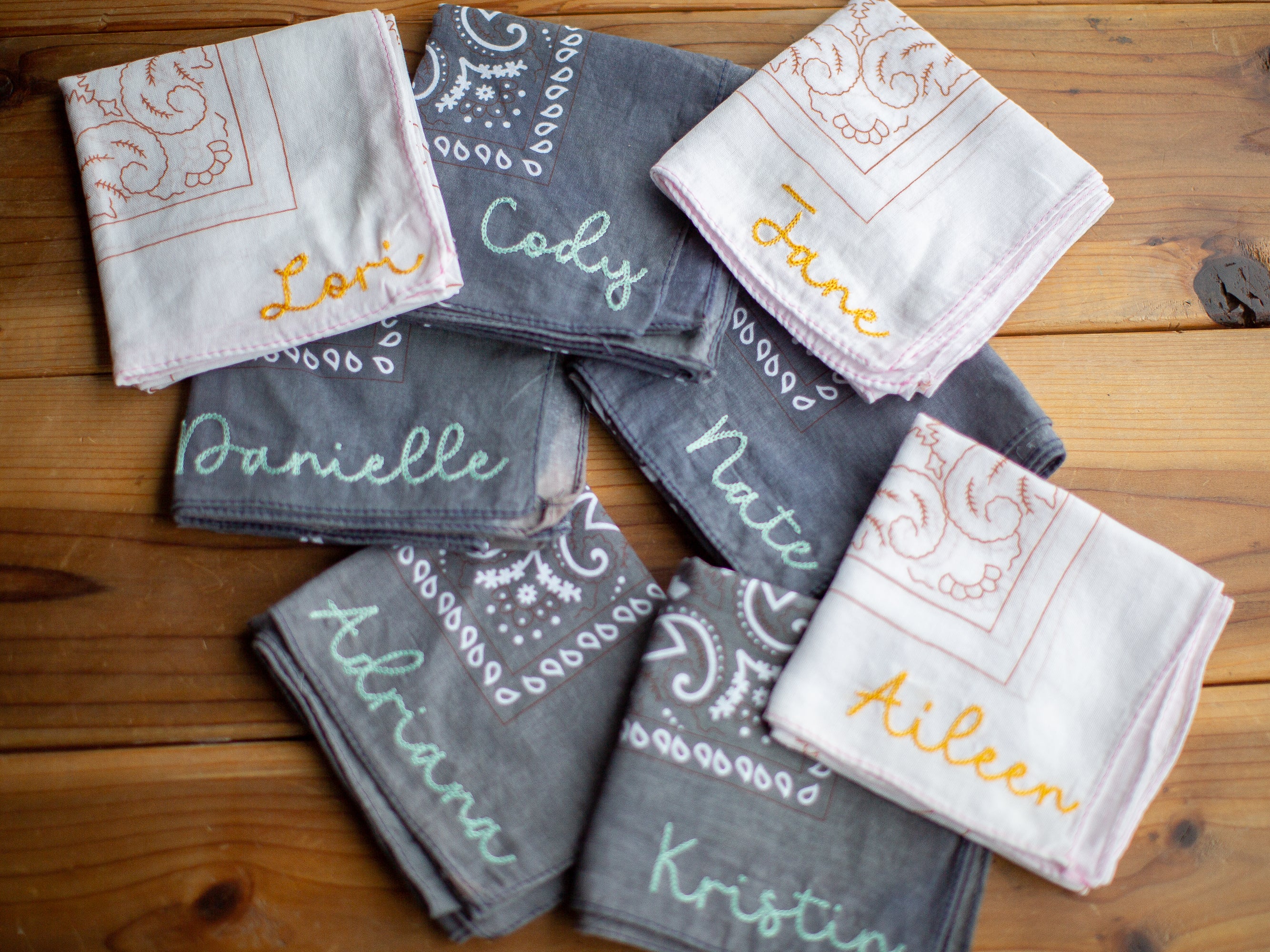Wedding Photo Prop Bandana Personalized Bridesmaid Gift Cotton Material Custom Name Design Beautiful Pastel Options Perfect Bridal Party Favor Modern Wedding Day Accessory Chainstitch Embroidery Details Customizable Text Twenty One Inch