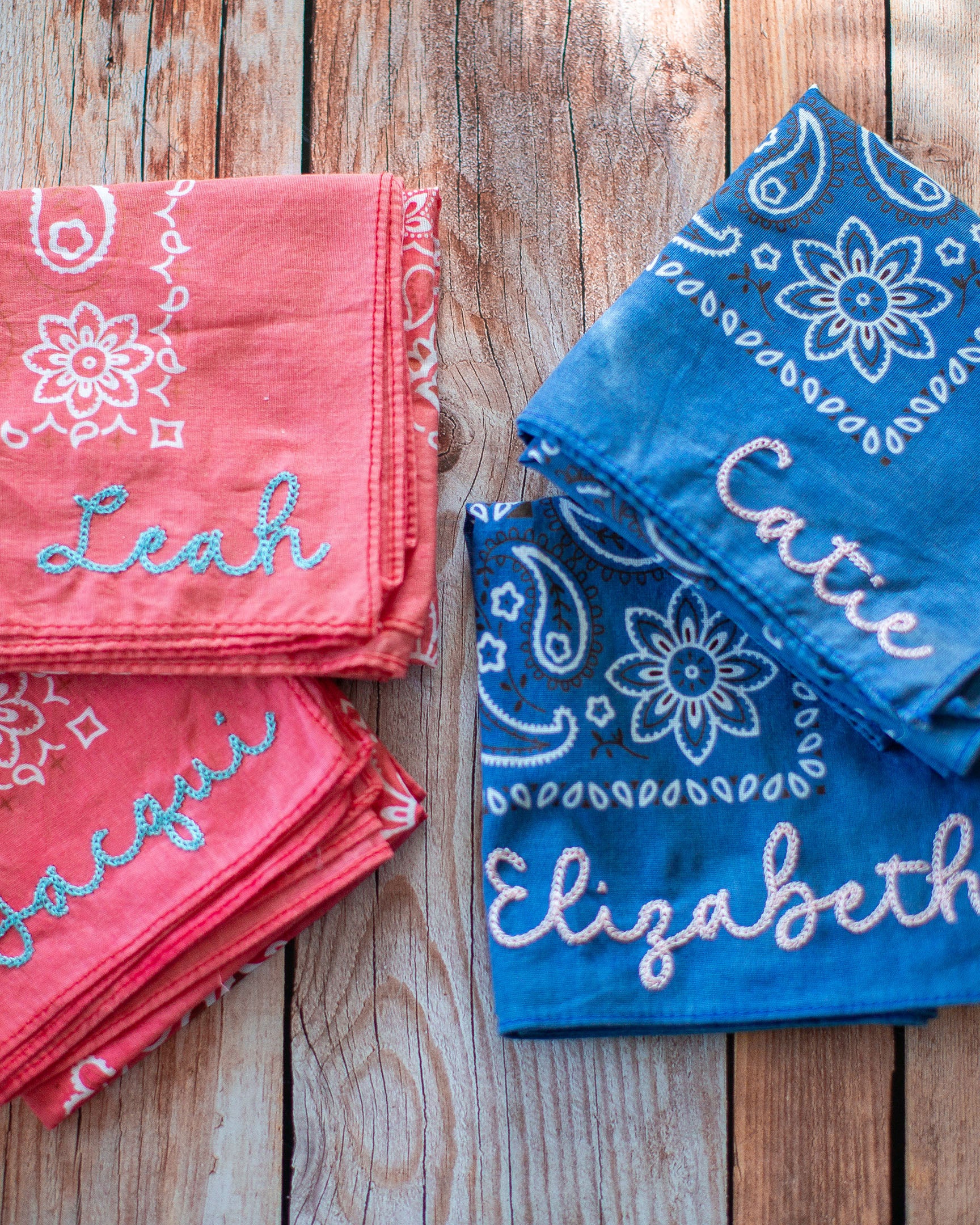 Personalized Wedding Bandana Custom Bridesmaid Gift Cotton Chainstitch Embroidery Pastel Color Options Perfect Bridal Party Favor Wedding Photo Prop Beautiful Custom Name Design Modern Wedding Accessory Twenty One Inch Square Soft Cotton