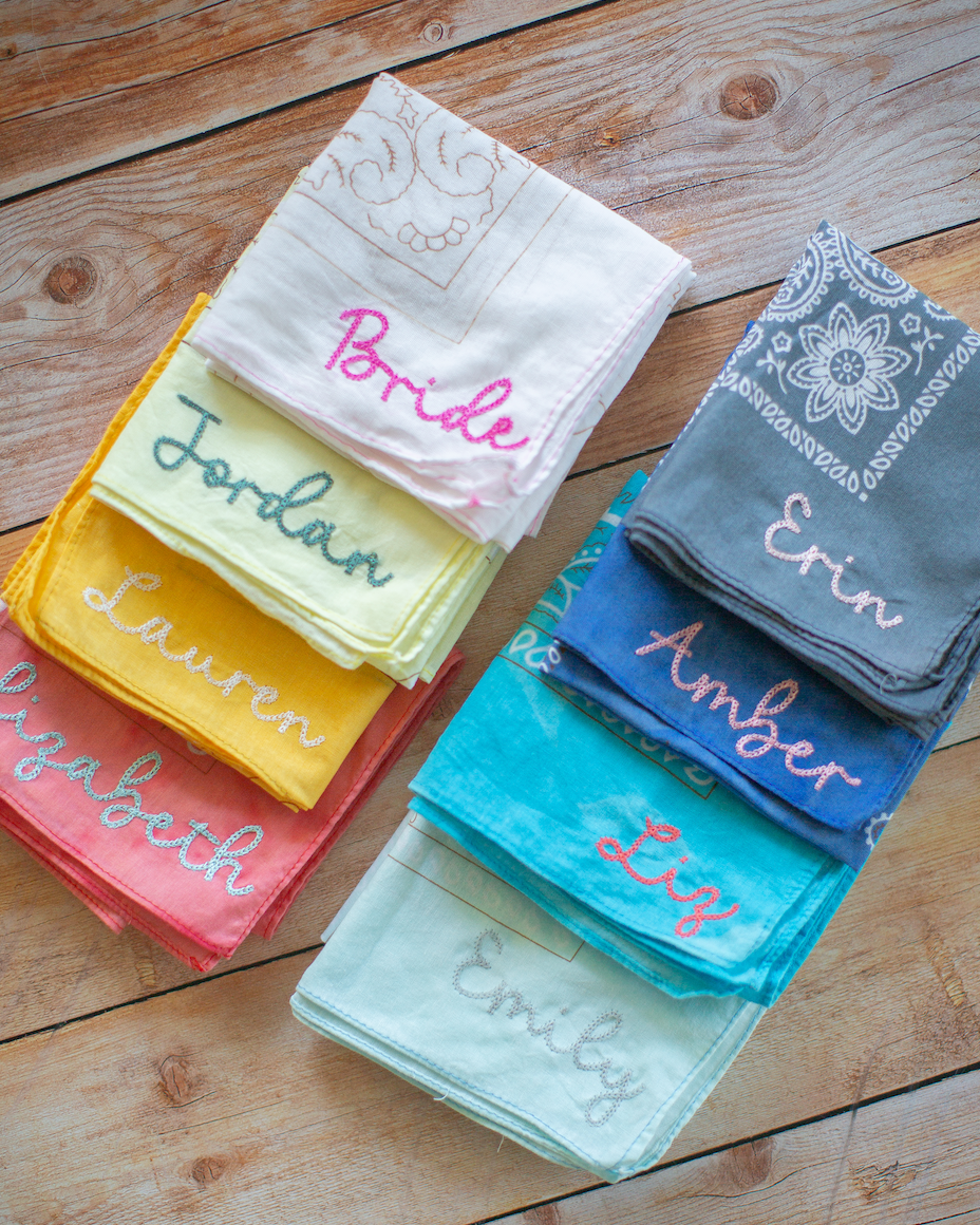 Custom Bridal Party Bandana Personalized Name Design Wedding Photo Prop Essential Cotton Chainstitch Embroidery Beautiful Pastel Colors Perfect Bridesmaid Gift Collection Modern Wedding Accessory Customizable Text Options Soft Material