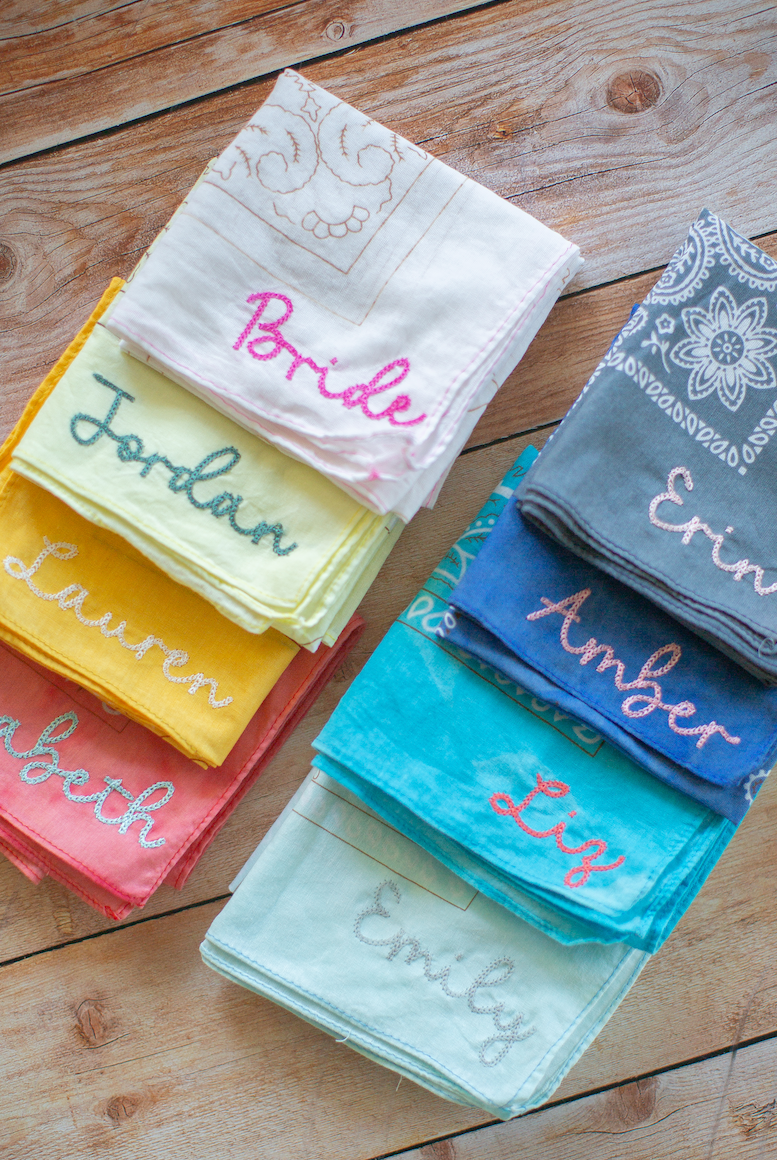 Custom Bridal Party Bandana Personalized Name Design Wedding Photo Prop Essential Cotton Chainstitch Embroidery Beautiful Pastel Colors Perfect Bridesmaid Gift Collection Modern Wedding Accessory Customizable Text Options Soft Material