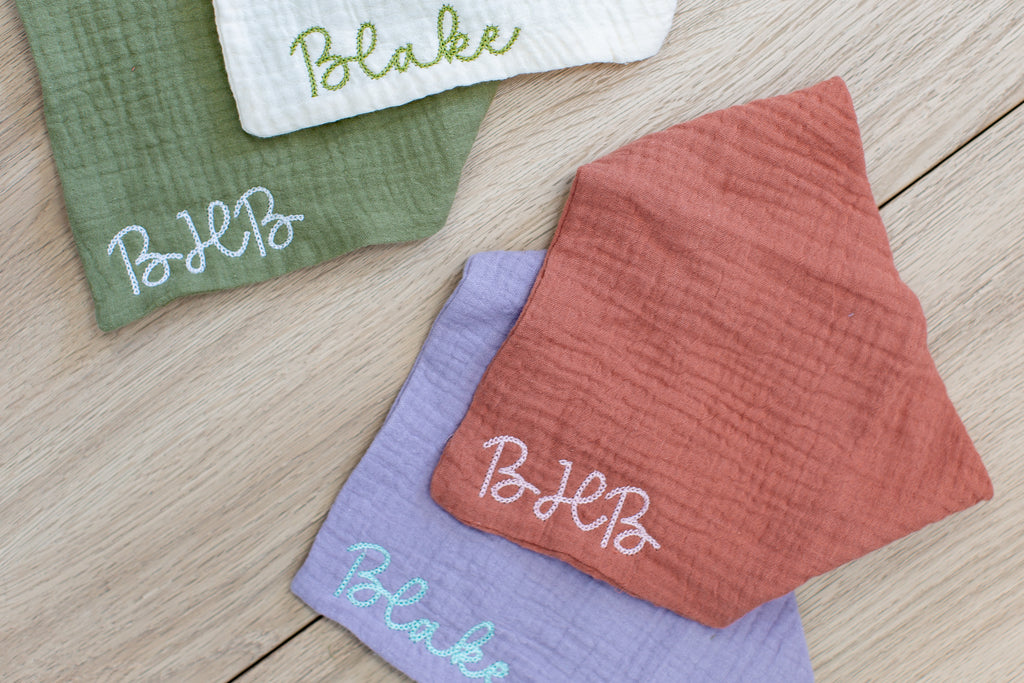 custom embroidered cotton muslin bandana bibs for baby