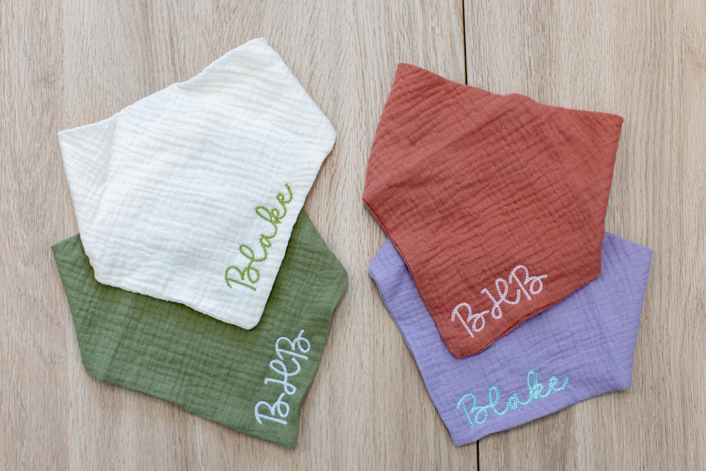 custom embroidered cotton muslin bandana bibs for baby