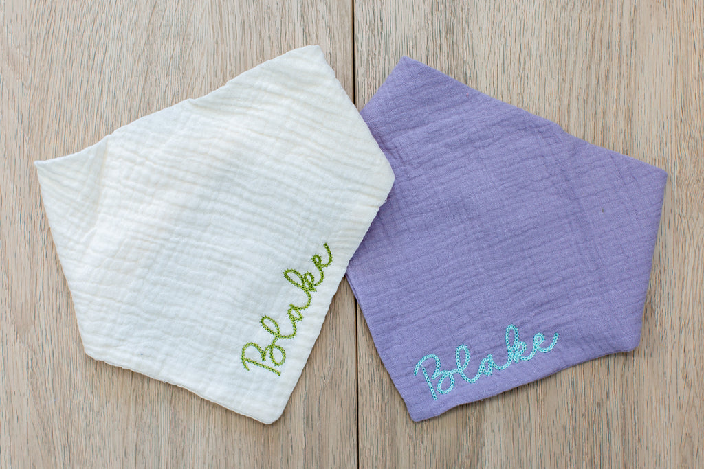 custom embroidered cotton muslin bandana bibs for baby