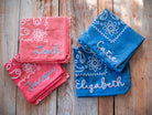 Personalized Wedding Bandana Custom Bridesmaid Gift Cotton Chainstitch Embroidery Pastel Color Options Perfect Bridal Party Favor Wedding Photo Prop Beautiful Custom Name Design Modern Wedding Accessory Twenty One Inch Square Soft Cotton