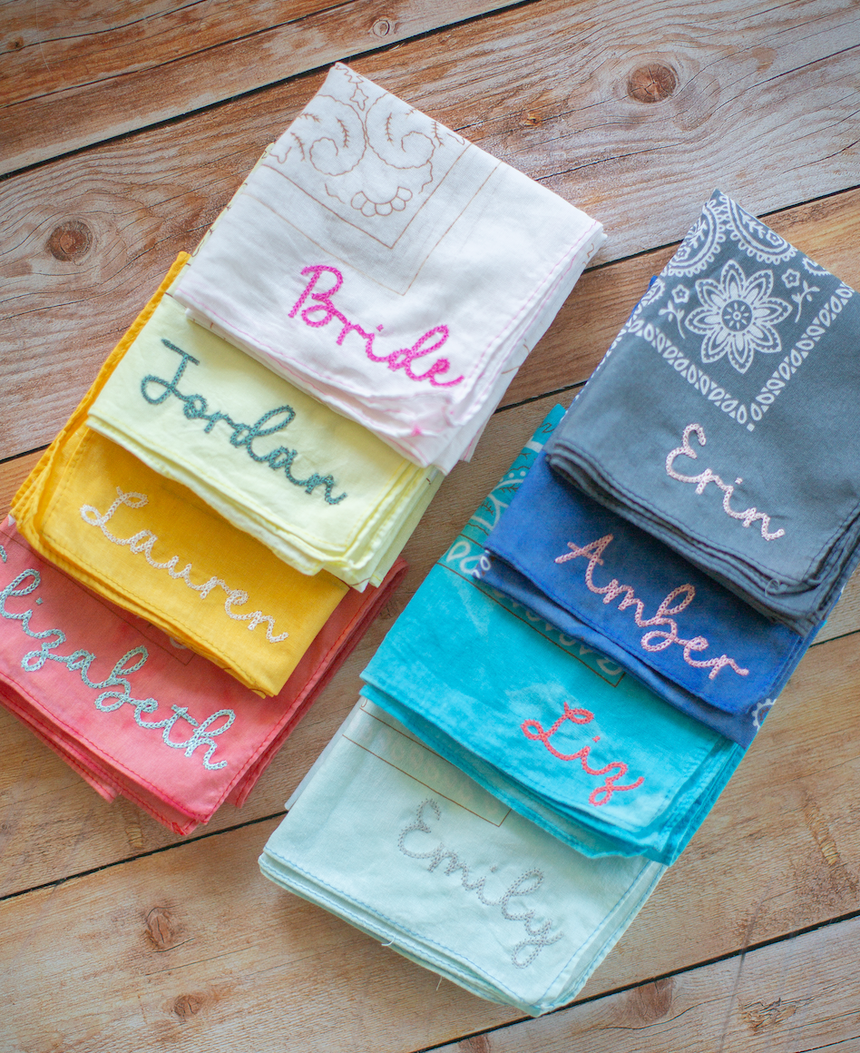 Custom Bridal Party Bandana Personalized Name Design Wedding Photo Prop Essential Cotton Chainstitch Embroidery Beautiful Pastel Colors Perfect Bridesmaid Gift Collection Modern Wedding Accessory Customizable Text Options Soft Material